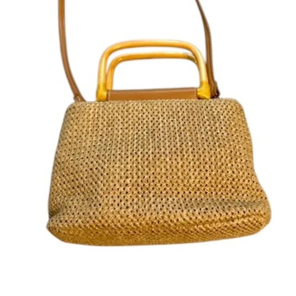 Vintage Fossil Woven Straw Bamboo Handle Top Handle Crossbody Bag